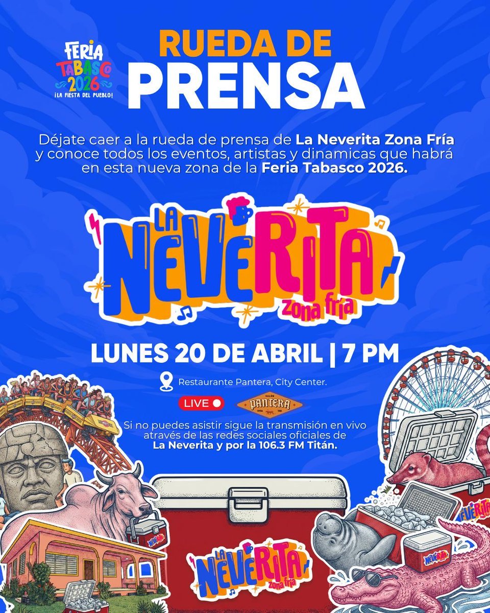 sinreservas620's tweet photo. ¿Quieres saber más de la Neverita?🥸
📽️ Conéctate al LIVE
📆 Lunes 20 de abril 4|20
⏰ 7:00 PM
🎭 Artistas, shows, marcas y todo el shishero que habrá en esta nueva zona de la Feria Tabasco 2026 🥵🔥
¡La zona más fría de toda la feria! 

¡Vamos a llenar La Neverita! 🍻
#RuedaDePrensa #nosvemosenlaneverita #Neverita #FeriaTabasco2026 #Pantera #TitanFm #LaNeverita