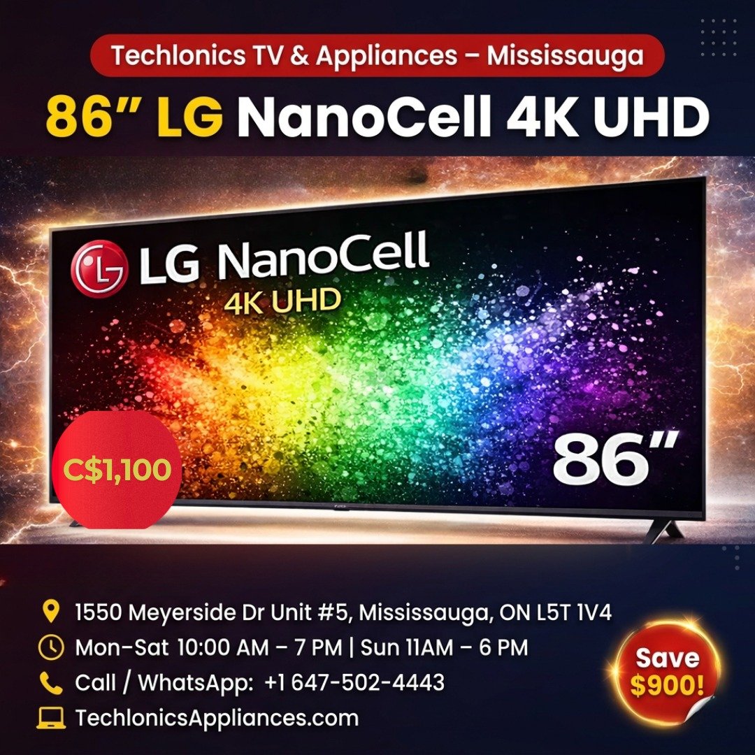 techlonics87578's tweet image. MEGA DEAL – LIMITED STOCK! 
86” LG NanoCell 4K UHD Smart TV 📺
💥 ONLY C$1,100
💥 Save $900
💥 Big Screen | Smart Features | LG Quality
  Delivery + Warranty
   Don’t Miss Out!
📍1550 Meyerside Dr Unit #5, Mississauga, ON 
📞+1 647-502-4443
📍 Mississauga
#LGTV #TVDeals #MegaSale