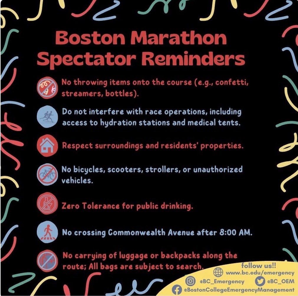 BC_OEM's tweet image. MarMon is finally here! Here are some final reminders:

Have fun and be safe! 🦅🦅💙💛

#emergencyready #bostonmarathon #bostoncollege