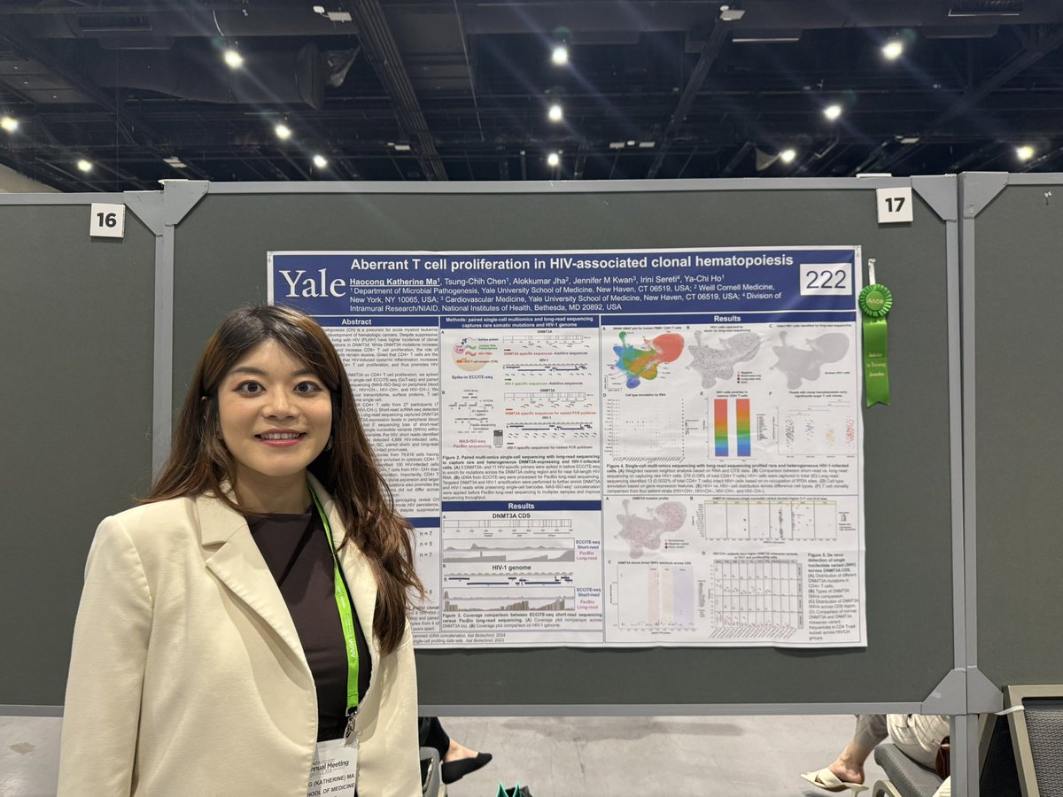 YaleCancer's tweet image. New research on #HIV + #cancer presented by @mahaocongdc @HoLabHIV at #AACR26 links HIV-associated clonal hematopoiesis to abnormal T cell growth. DNMT3A mutations may drive expansion of CD4+ T cells and could raise cancer risk despite suppressive antiretroviral therapy. @AACR