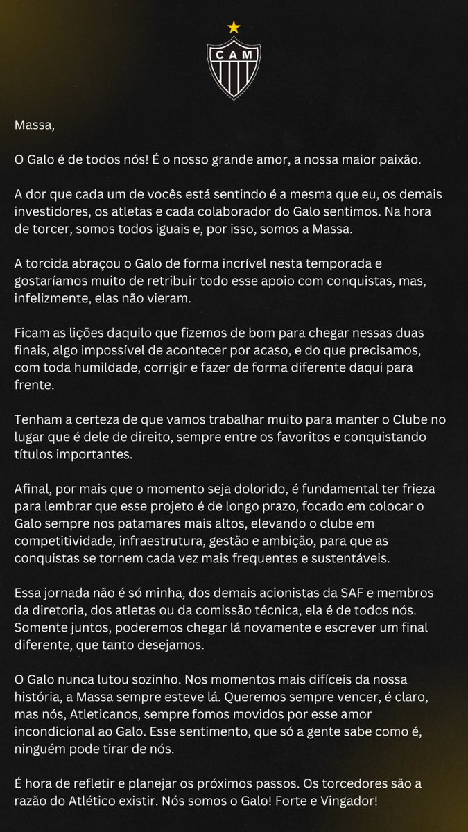 Rafael Menin:

2024 após perder a Libertadores: “Tenham certeza que vamos trabalhar muito.”

2025 após perder a Sulamericana:
“Podem ter certeza que trabalharemos muito para começarmos 2026 ainda mais fortes.”

Quanto mais ele trabalha mais a dívida cresce e o elenco piora.