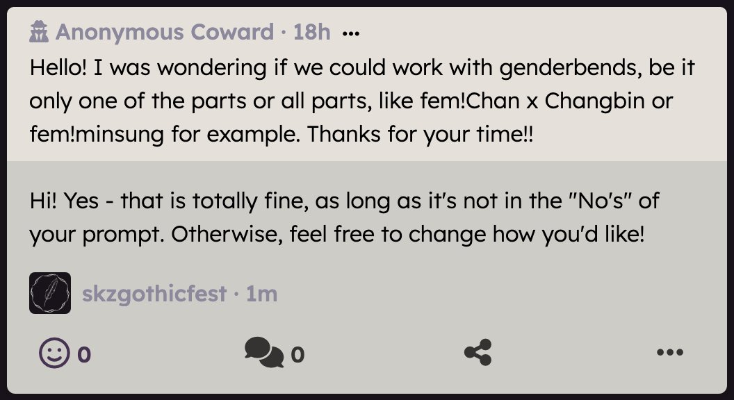 gothicfests's tweet photo. Hello! I was wondering if we could work with genderbends, be it only one of the parts or all parts, like fem!Chan x Changbi… — Hi! Yes - that is totally fine, as long as it's not in the "No's" of your prompt. Otherwise, feel free to change how you'd l… https://t.co/ahMZo1jvFq https://t.co/grHqxl5Lq3