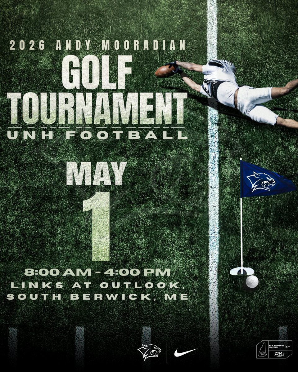 UNH_Football's tweet image. Come join us at the 2026 Andy Mooradian Golf Tournament!

This will be held on May 1st, 2026 from 8:00am-4:00pm @ The Links at Outlook located in South Berwick, ME. 

To join us:  Bit.ly/UNHFBGOLF26 ‼️ 

#CAT2CLU6 #BuiltEachDay