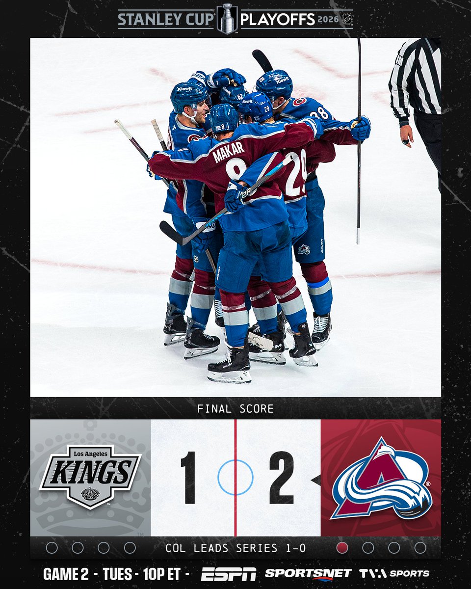 NHL's tweet image. THE AVS TAKE THE FIRST W!!! #StanleyCup 🏔️

📺: Game 2 between the @LAKings vs. @Avalanche is TUESDAY at 10p ET on @espn, @Sportsnet, &amp;amp; @TVASports!