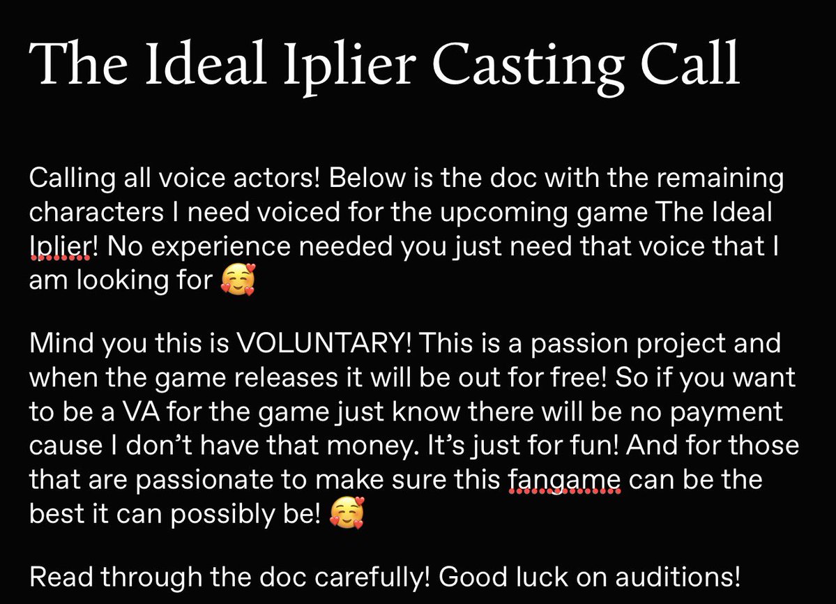 Calling all voice actors! Auditions for The Ideal Iplier are up now :3

docs.google.com/document/d/12C…