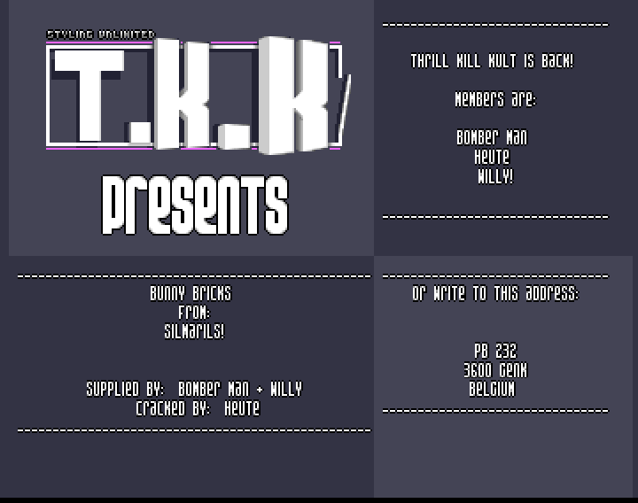 CracktroBot's tweet image. Bunny Bricks (1992) - Crack: The Thrill Kill Kult (TKK) - #Amiga
Turbo Kart Racer (1991) - Crack: Fairlight (FLT) - #Commodore64
Custodian (1989) - Crack and Trainer (+2): The Band (Band) - #Amiga
Prospector - In the Mazes of Xor (1989) - Crack: World Of Wonders (WOW) - #Amiga