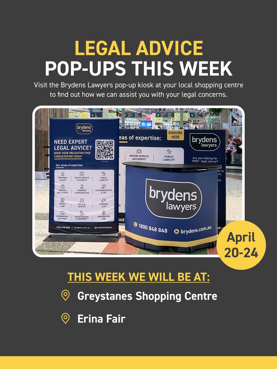 BrydensLawyers's tweet image. Legal Advice Pop-ups THIS WEEK

Visit the Brydens Lawyers pop-up kiosk at your local shopping centre to find out how we can assist you with your legal concerns.

#BrydensLawyersWEDO #LegalAdvice