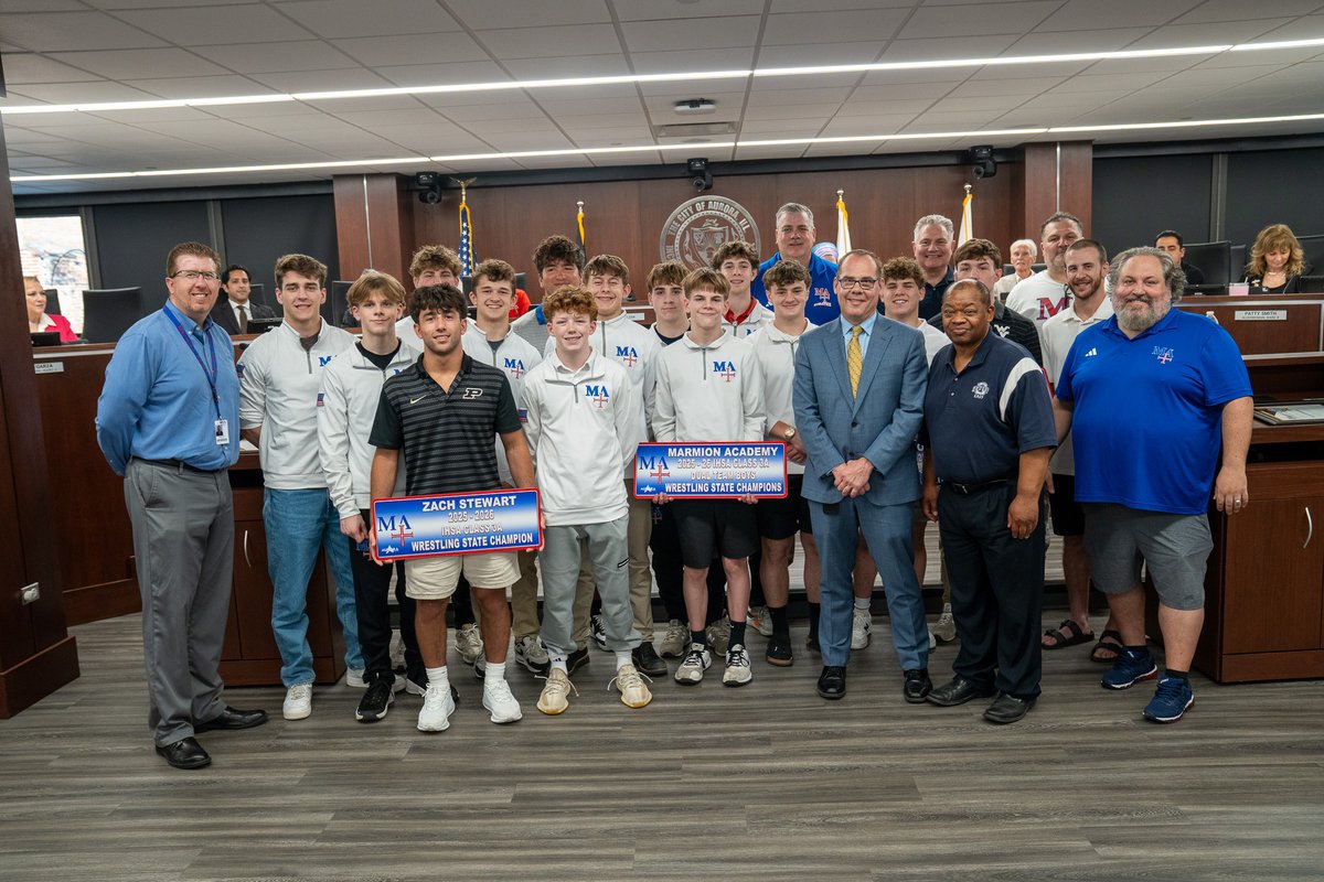 CityofAuroraIL's tweet photo. Congratulations to Marmion Academy's Wrestling Team on winning multiple IHSA State Championships! 🏆

At Tuesday night’s City Council meeting, Mayor John Laesch honored the Marmion Cadets' Wrestling Team, who won their second straight state title in late February. Wrestlers Nicholas Garcia (132 pounds), Demetri Carrera (138 pounds), and Zach Stewart (150 pounds) also earned individual state championships in their respective weight classes!

Please join us in congratulating @marmionacademy on this incredible achievement. You continue to make Aurora proud! ❤️