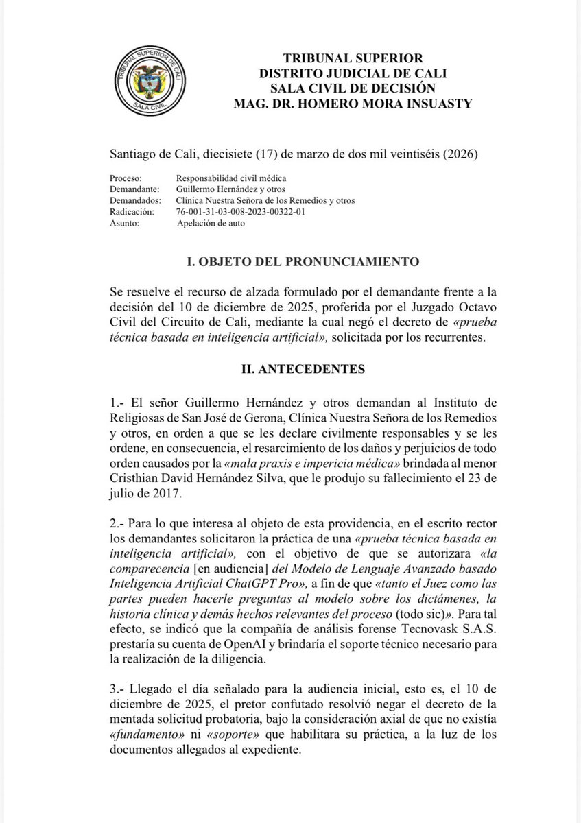 📌 Probatorio: ¿Es admisible el decreto de una prueba técnica basada en inteligencia artificial para que un modelo de lenguaje (ChatGPT Pro) comparezca en audiencia y sea interrogado sobre los hechos y pruebas de un proceso de responsabilidad civil médica? 

Sentencia disponible
