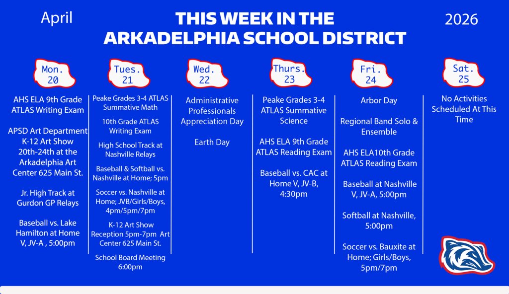 APSD_News's tweet image. Here is what is happening this week in the Arkadelphia School District!
ATLAS Exams continue at Peake and begin at AHS for 9th/10th grade.
The Arkadelphia K-12 Art Show begins Monday. Join us for a reception Tuesday from 5p.m. to 7p.m.
Have a great week!
#BadgerPride