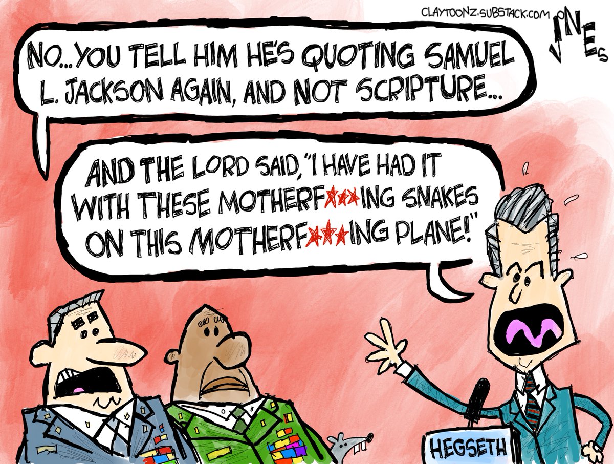 claytoonz's tweet image. I have been waiting since 2006 to get this movie quote into a cartoon. #PeteHegseth #Trump #scripture #SamuelLJackson #SnakesOnAPlane