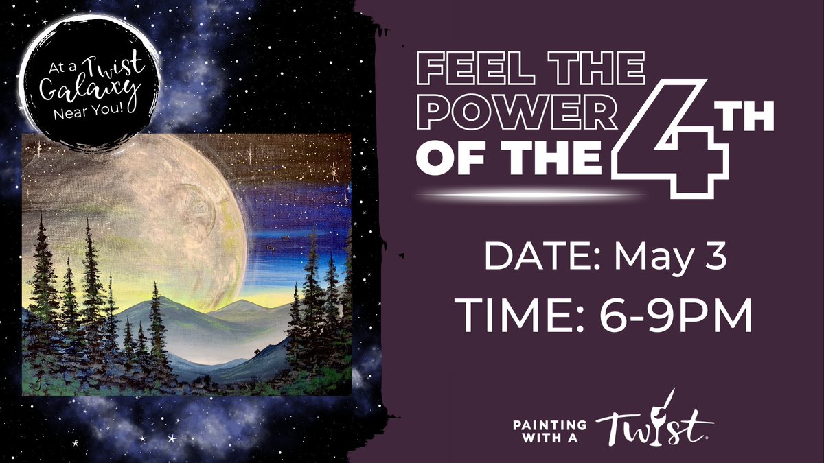 PWATRichardson's tweet image. May 4th is calling all adventurers. Come paint a celestial scene inspired by epic space sagas and legendary battles between good and… slightly less good. Perfect for date night, friend night, or solo‑artist‑on‑a‑mission night. #galaxy #paintparty #paintandsip