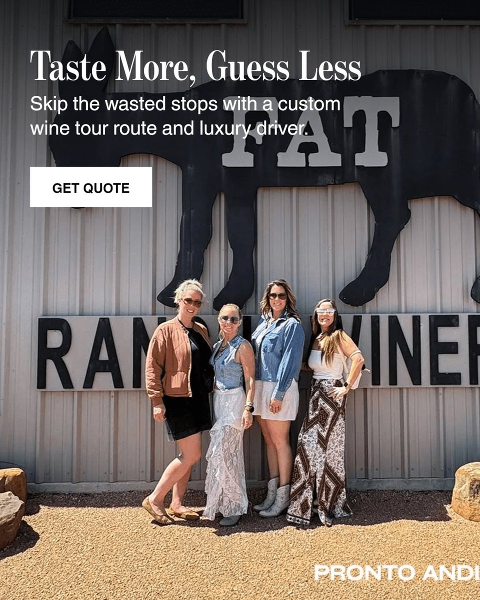 prontoandiamo's tweet image. Tasting Fredericksburg's best wines isn't about guessing your next stop. A custom route means more time savoring, less time searching. Ready to explore with ease and luxury? Book your tailored wine tour today or share your favorite winery stop! #FredericksburgTX
