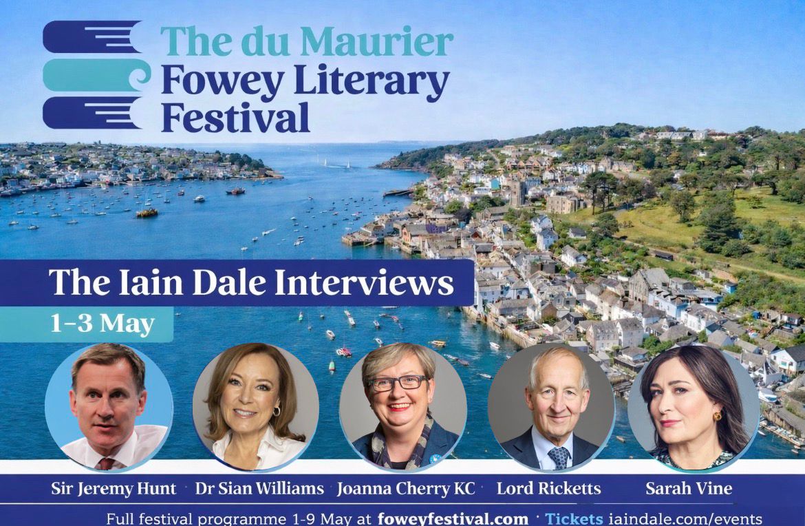 IainDale's tweet image. Join me at the @fowey_festival on the May bank holiday weekend, where I'll be interviewing
@Jeremy_Hunt 
@sianwilliams100 
@joannaccherry 
Lord Peter Ricketts
@WestminsterWAG 

Tickets here
foweyfestival.com/#whatson