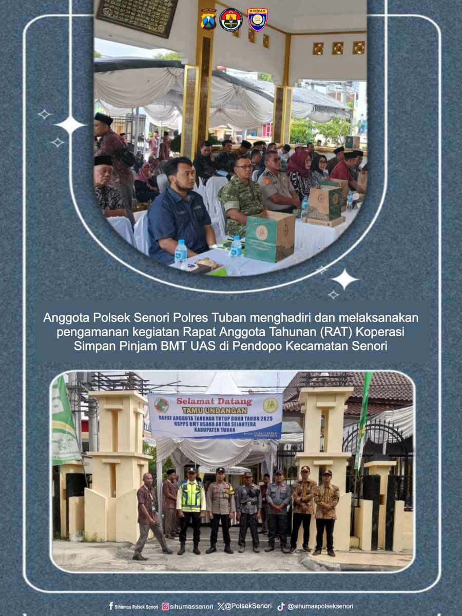 Layartancap77's tweet image. Kapolsek Senori Polres Tuban Polda Jatim Menghadiri Rapat Anggota Tahunan (RAT) BMT Usaha Artha Sejahtera di Pendopo Kecamatan Senori

@DivHumas_Polri
@1polrestuban
@PolsekSenori
@bidhumas_jatim

#polisi #police #polisiviral #polisijatim #polri #polripresisi #polisiindonesia