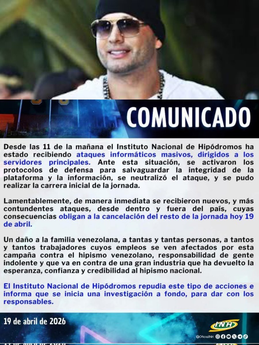 Potro Álvarez emite comunicado por supuesto "ataque informático" en el INH, cuando la realidad es que están borrando las posibles pruebas de fraudes, mientras terminan de lavar activos. Que casualidad que el "ataque se hace un domingo" y pleno 19 de abril. O sea, Delcy Rodríguez