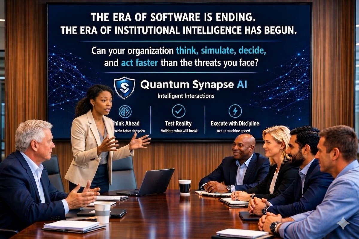 The next winners won’t have better software.
They will have better intelligence.

Dashboards don’t decide.
Alerts don’t protect.
Tools don’t think.

Institutions must evolve.

Quantum Synapse AI =
• Predict
• Simulate
• Decide
• Act

In real time.
Within governance.

This is