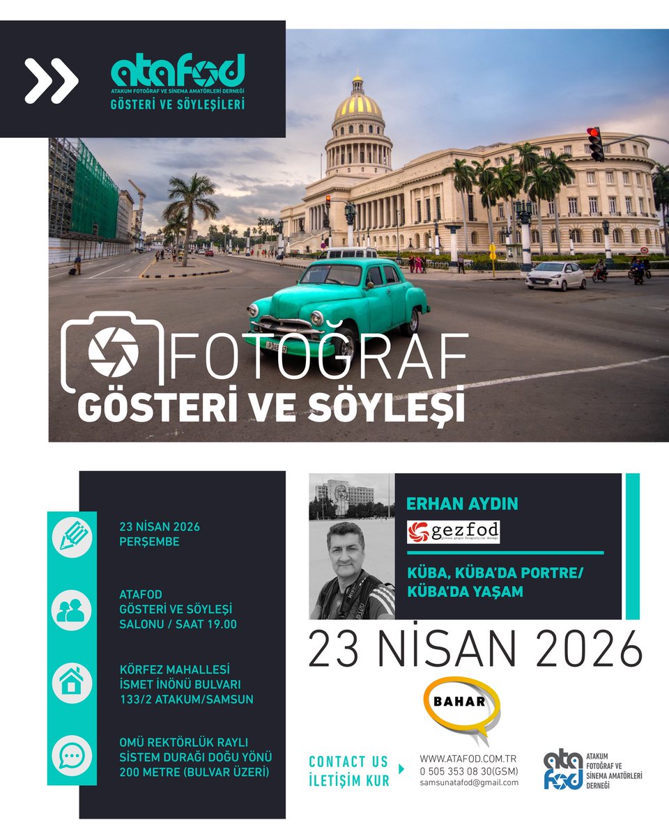 ata_fod's tweet photo. 📸 Fotoğrafın izinde Küba’ya yolculuk!

Erhan Aydın ile “Küba’da Portre / Küba’da Yaşam” gösteri &amp; söyleşi
🗓 23 Nisan 2026
⏰ 19.00
📍 ATAFOD – Atakum / Samsun

#ATAFOD #Fotoğraf #Küba #Söyleşi https://t.co/RUMXdQbBZl