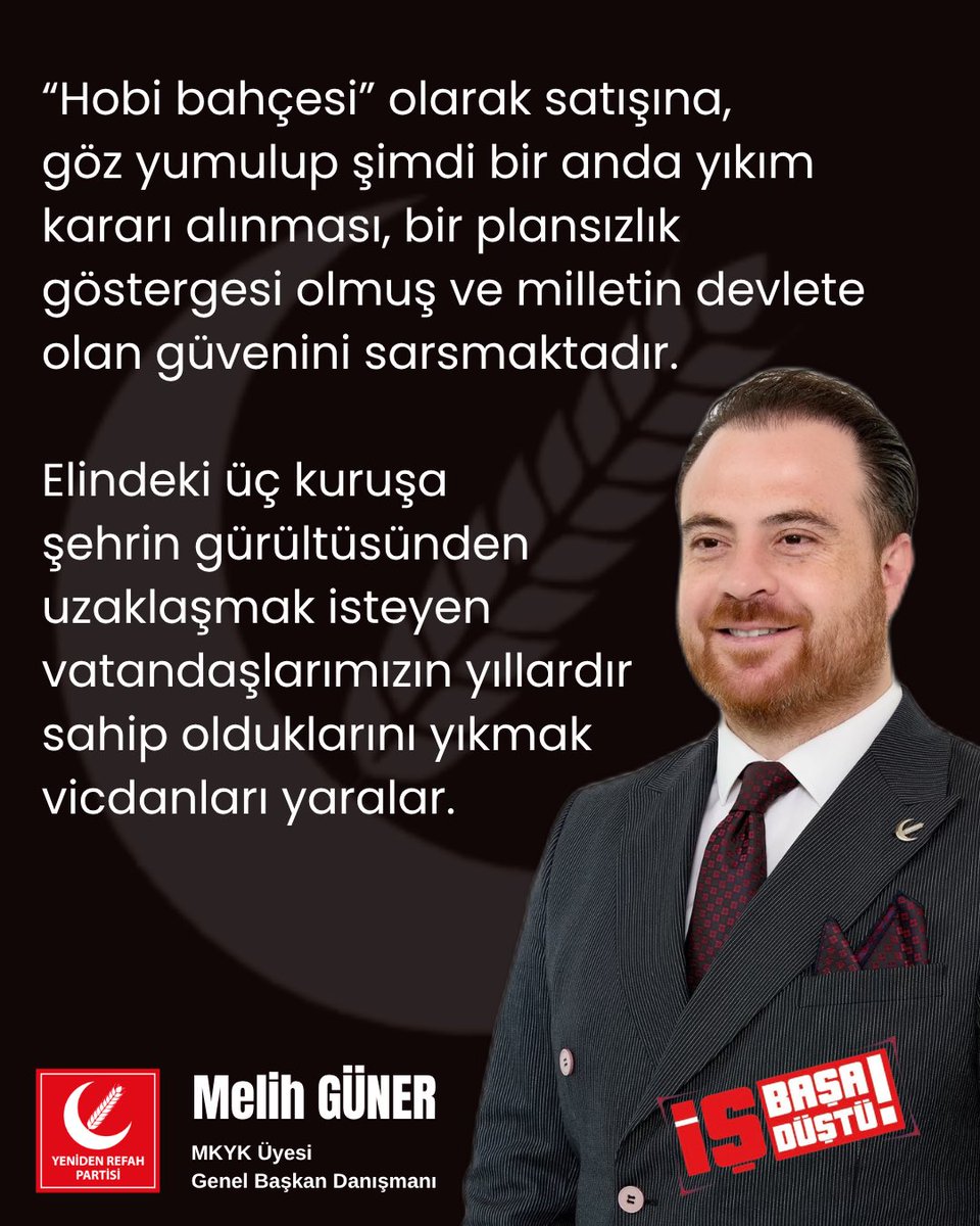 Hobi bahçesi olarak satışına,
göz yumulup şimdi bir anda yıkım kararı alınması, bir plansızlık göstergesi olmuş ve milletin devlete olan güvenini sarsmaktadır.

Elindeki üç kuruşa şehrin gürültüsünden
uzaklaşmak isteyen vatandaşlarımızın yıllardır sahip olduklarını yıkmak