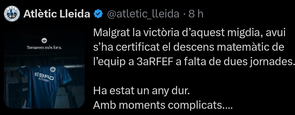 Que l'ascens de la UESA no ens distregui de la millor notícia pel futbol català d'aquest diumenge.