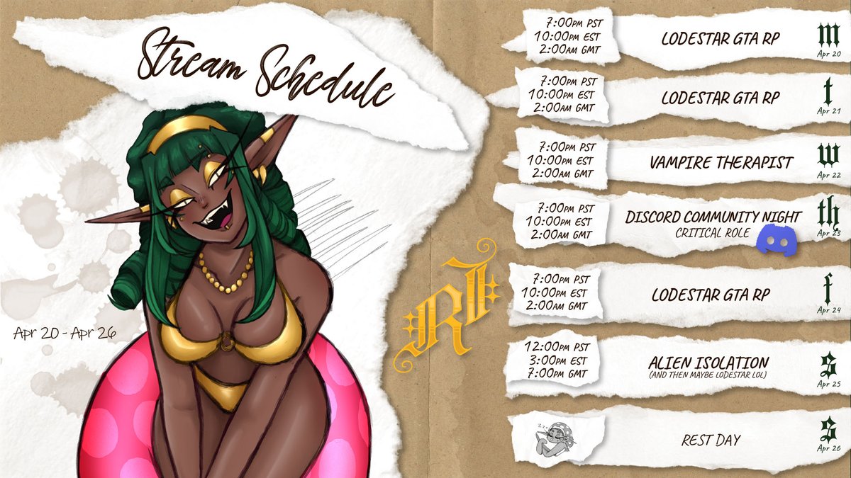 ✨STREAM SCHEDULE APR 20 - APR 26✨

This week will be filled with the Lodestar GTA roleplay so look out~