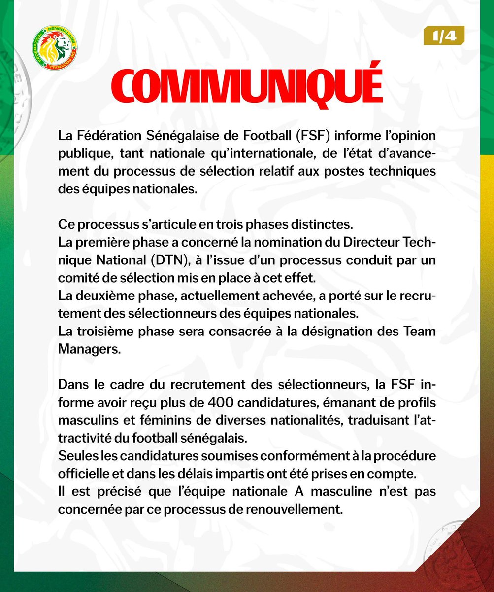 AbdoulAzizBane's tweet image. Communiqué de la @Fsfofficielle relatif au nouvel attelage des équipes nationales
L’ancien capitaine des lions Lamine Sané est nommé coach des U17
#senegal
#foot