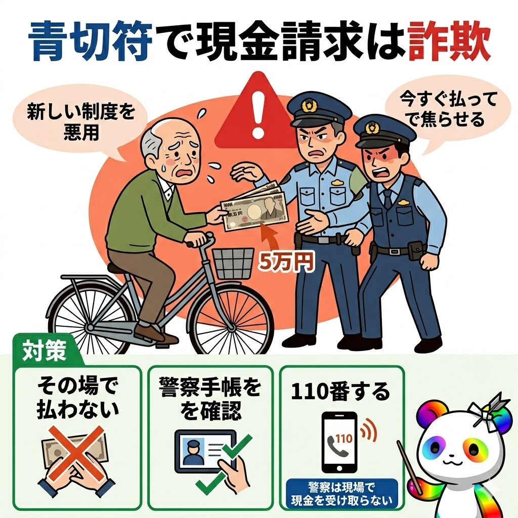 これ、知らないと払ってしまいます。

自転車の青切符を悪用し、
「今すぐ払って」と現金をだまし取る被害が出ています。
警察は、現場で現金を受け取りません。 

支払いはその場ではなく、
警察から渡される納付書で、
銀行や郵便局の窓口へ。
違反を認める場合は原則7日以内

つまり、