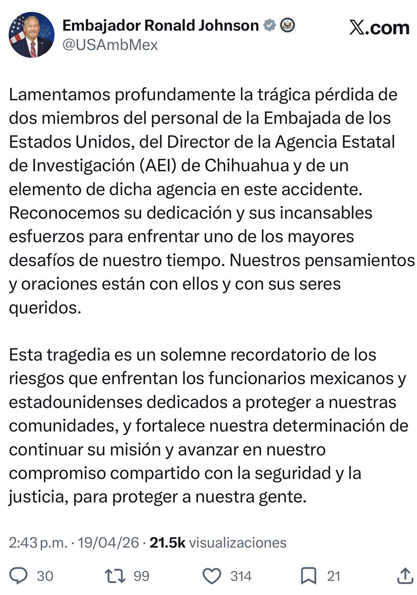 Qué raro: <a href="/Claudiashein/">Claudia Sheinbaum Pardo</a> niega que haya agentes de EE.UU. en México…

…mientras Ronald Johnson lamenta la muerte de dos oficiales estadounidenses en la sierra de Chihuahua, tras ubicar y destruir un narcolaboratorio.

¿Entonces a quién le creemos? 🤔