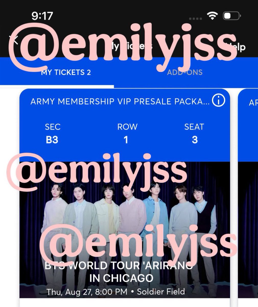 emilyjsss's tweet image. WTS 2 BTS SOUNDCHECK VIP PRESALE TICKETS IN Chicago, IL Soldier Field

BTS TICKETS 🎟️ 

DATE: AUG 27, 2026

SEND ME A DM IF YOU’RE INTERESTED IN PURCHASING THEM WILLING TO PROVIDE PROOF OF TICKET

SEC-B3  ROW-1  SEAT 3-4

#BTS #BTSTICKETS