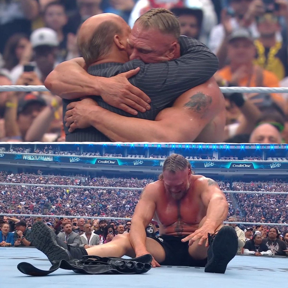 luchalibreonlin's tweet photo. El abrazo fuerte con Paul Heyman. Se pone de rodillas en el cuadrilátero. Estalla en lágrimas. El fin de una era. Brock Lesnar hace oficial su retiro de la WWE. No puedo parar de llorar 😭😭😭 https://t.co/xBG8BgAEAe