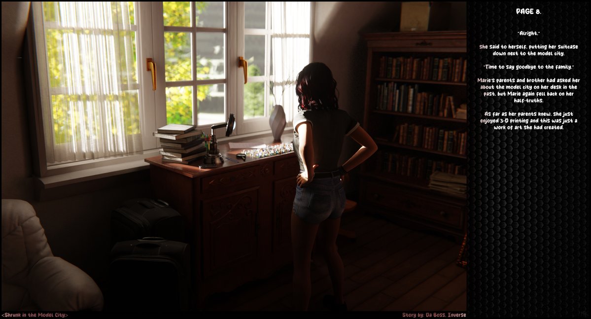 [Shrunk in the model city]

-A brilliant, young woman decides she needs a vacation from her normal life for a week. She goes to her parent’s house where she has set up a shrink ray and a model city. No one knows she’s there. What could possibly go wrong?  

#SizeTwitter #SizeArt