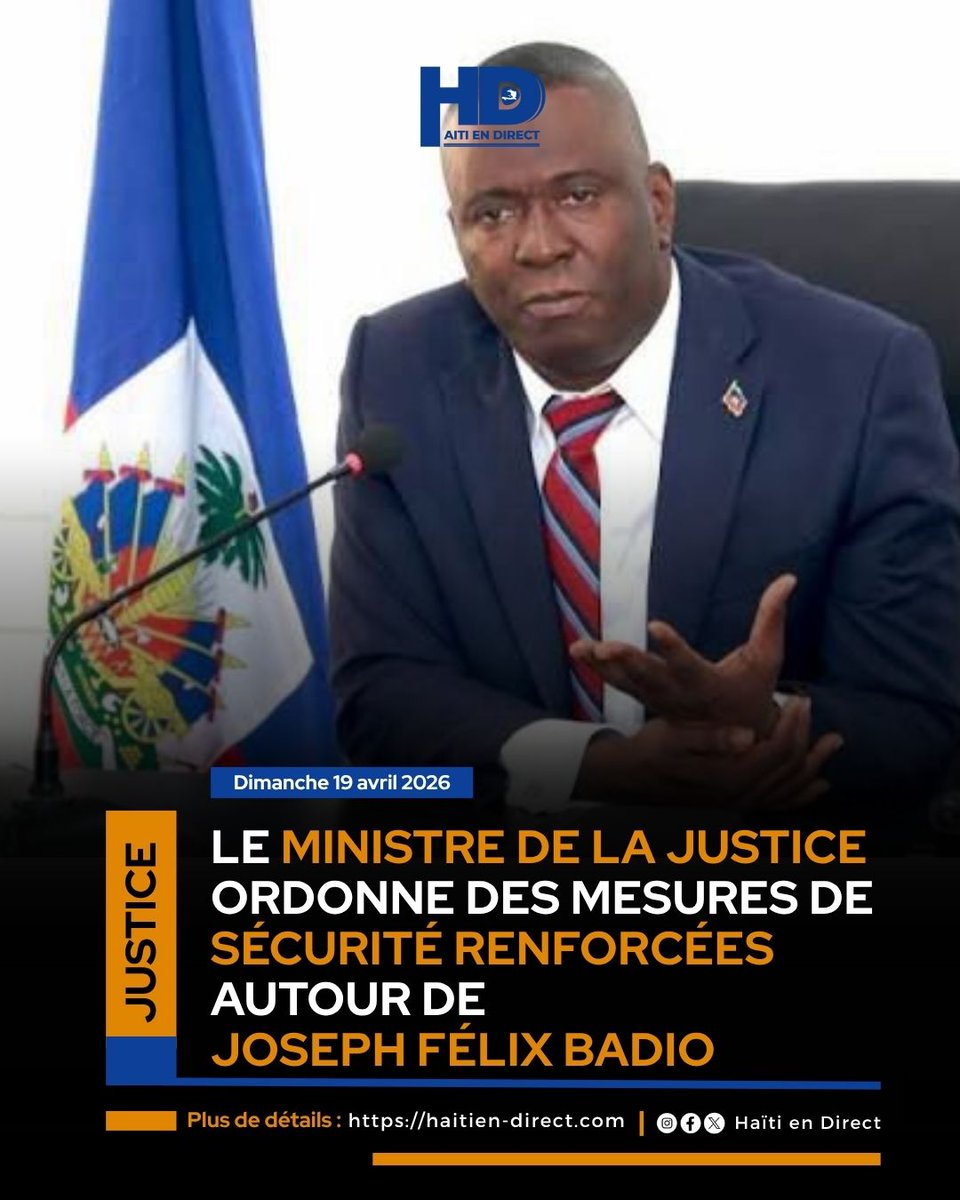 direct_Haiti's tweet photo. Le ministre de la Justice et de la Sécurité Publique, le Dr Patrick Pélissier, a envoyé une lettre officielle au directeur général a.i. de la Police Nationale d’Haïti (PNH), Vladimir Paraison, le 17 avril 2026. Dans cette correspondance, il lui demande de prendre immédiatement des mesures de sécurité strictes autour du détenu Joseph Félix Badio.

Lire la suite⤵️
https://t.co/tzBKdeWQVH