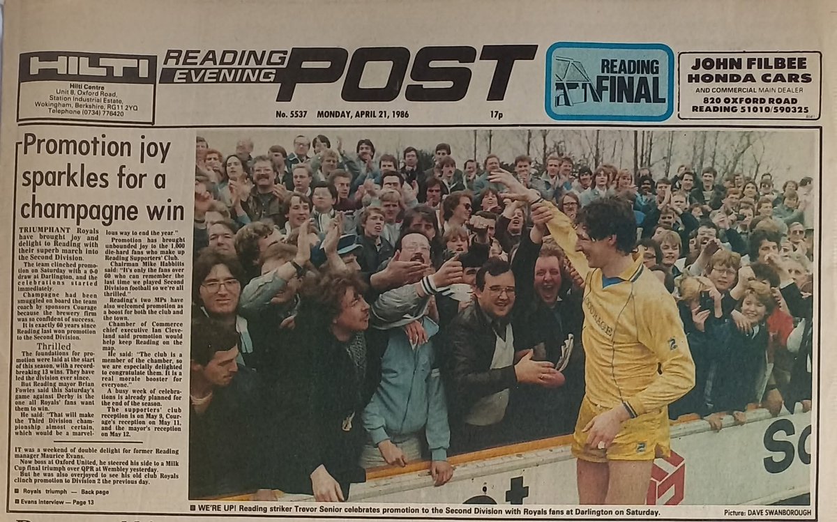 cribsie's tweet image. 40 years ago today Reading won promotion to Division Two after a 0-0 draw at Darlington. Although the form tailed-off after Christmas, the start to the season gave them a huge lead which was never in danger of being overhauled #readingfc