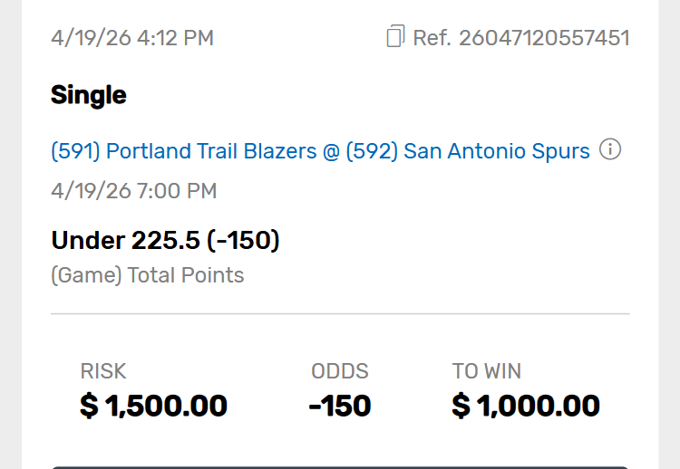 SUNDAY PAYDAY 💰

Is this going to be their year? Lets find out 🔥

Spurs + Trailblazers - Under 225.5 🏀

Lock this in, and lets win! 🚀