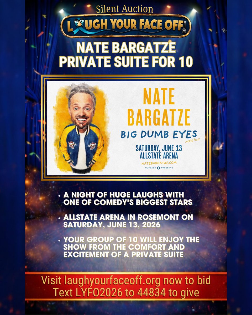pattomasulo's tweet photo. Win a PRIVATE SUITE for 10 to see Nate Bargatze at @AllstateArena on June 13th.

Bid now in my "Laugh Your Face Off" silent auction. Auction is open to ANYONE- don't have to be present to win.

https://t.co/t8cnFf8CKP https://t.co/yQE7bPU4oj