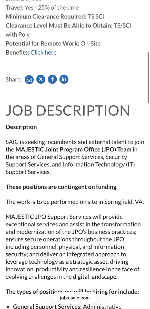 StevenCastle91's tweet photo. @Producer_Meagan interesting job posting by SAIC. I can’t find anything about a MAJESTIC Joint Program. But something tells me this may be related to trumps comments. Maybe a new program going forward? To muddy the waters? https://t.co/3sDWO3rffD