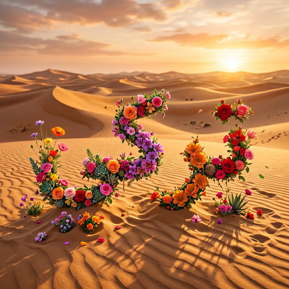 اسمك من الورد 

1️⃣ اضف البرومبت ✍🏻
2️⃣ غير الاسم 

البرومبت ⬇️

The name "تركي" formed entirely from blooming desert flowers and roses, each letter made of vibrant flowers growing naturally from golden desert sand, wide Arabian desert landscape, soft sand dunes stretching into the