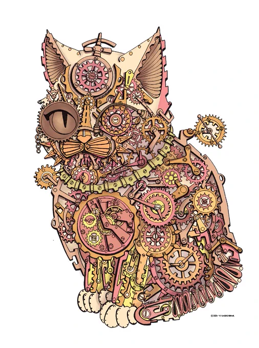 おはようございます 今週もよろしくお願いします ネコ #スチームパンクイラスト #歯車イラスト #ペン画 #ネコ