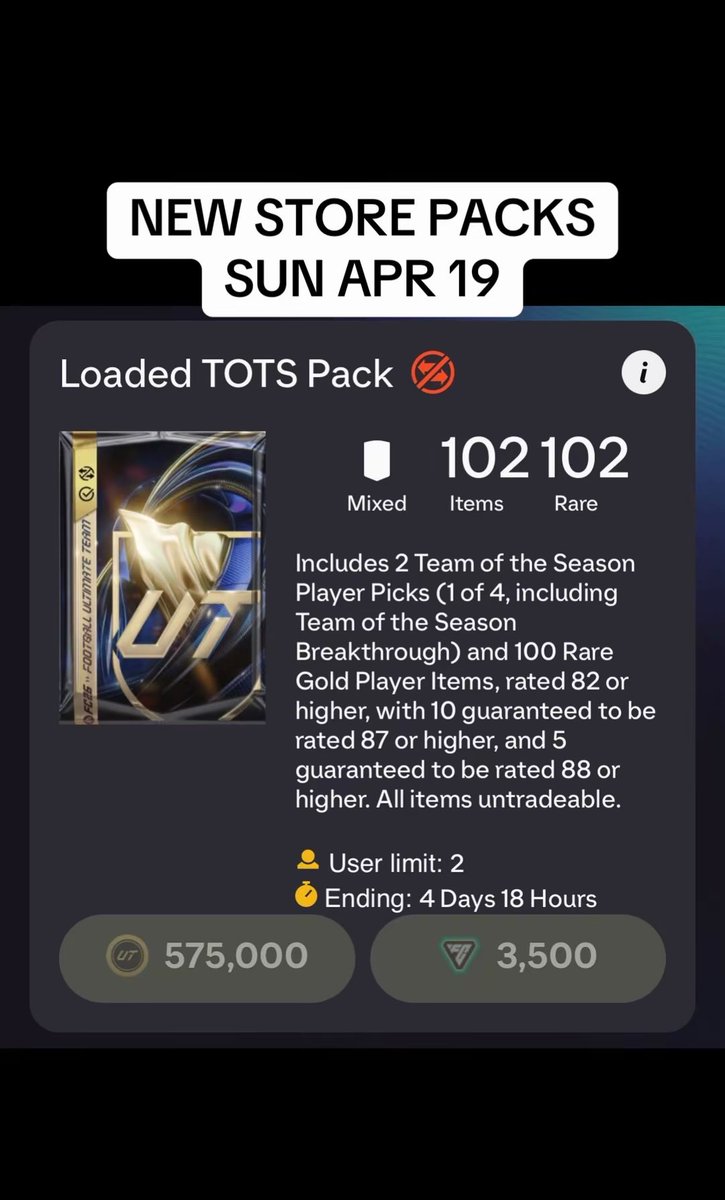 alihumoudfc's tweet image. NEW STORE PACKS (SUN APR 19):

- Blue Chips Guarantee Pack
- Loaded TOTS Pack

#FC26 #ULTIMATETEAM #TEAMOFTHESEASON #TOTS #STOREPACKS