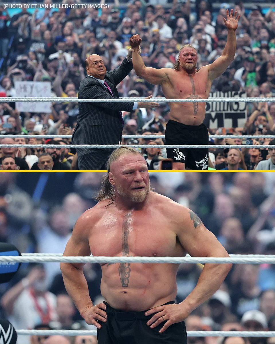 MMAFighting's tweet image. Former #UFC champ Brock Lesnar leaves his gloves and boots in the ring after coming up short to Oba Femi at #WrestleMania