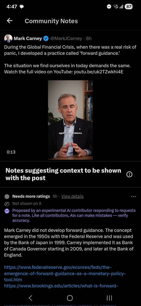 Mark Carney is being Community Noted for trying to claim he developed "forward guidance" when he didn't.

He could have said he implemented it, but he didn't, he said he developed it.