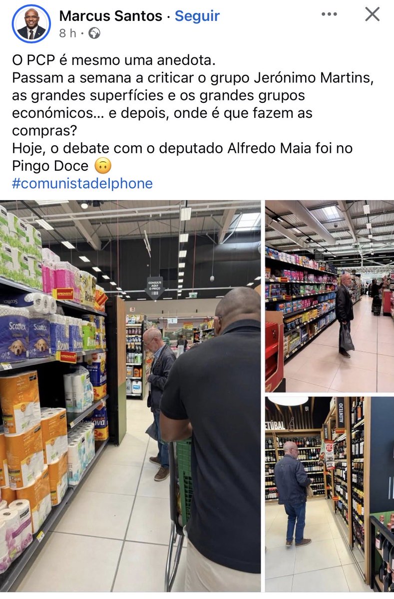 Para se perceber o nível desta seita: um deputado do Chega encontra um deputado do PCP no corredor de um supermercado, decide tirar-lhe fotografias às compras e ataca-o porque compra no Pingo Doce.
É este o grau de elevação política do deputados Cheganos! 👇