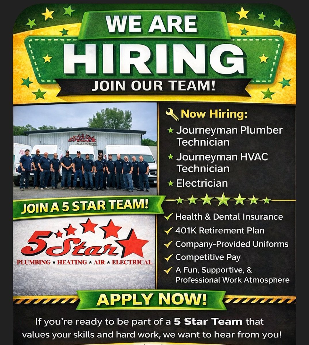 5StarServicesMN's tweet image. Dreading going back to work tomorrow? Why not work for a company who values the hard work that you do? Call or stop by our office to fill out an application or to get more information! #helpwanted #plumber #electrician #hvactechnician