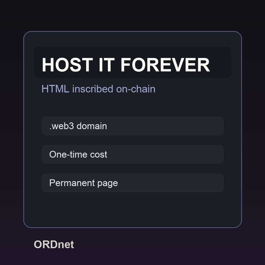 TrueWeb3Hosting's tweet image. Stop renting your website. Publish HTML on chain with ORDnet and keep it live without monthly hosting fees or renewal traps. #ORDnet #Web3 #Hosting #BSV