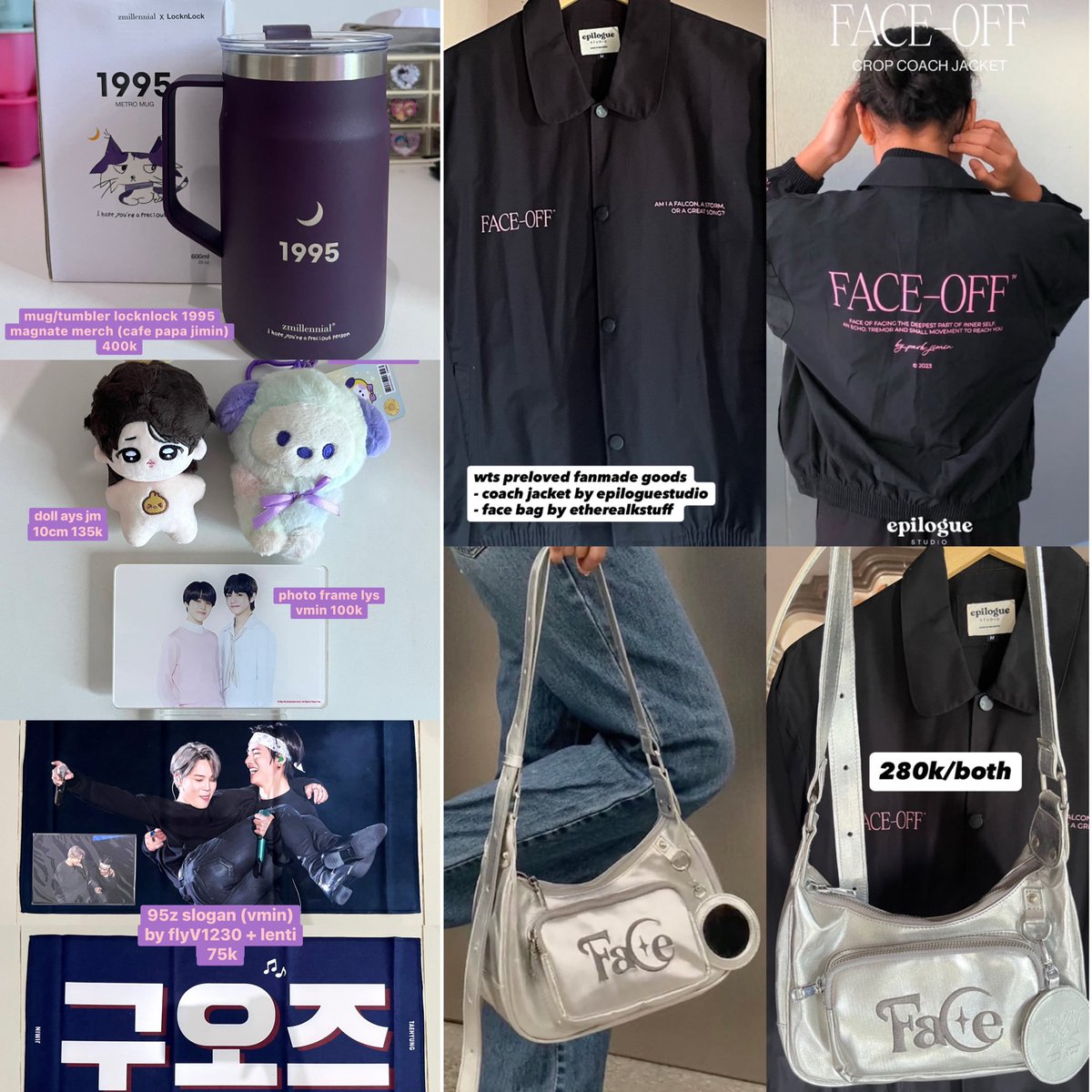 dollettejimi's tweet photo. wts | clearance sale

❕ mostly good condi, no sensitive buyer!
🎀 split pay only, co shopee
🎀 ww allowed with ina bank &amp; address
❎ no hnr, refund &amp; return
❎ inc pack, exc admin 25% + biaya layanan

— doll jimin frame slogan vmin mug magnate bts fanmade coach jacket face bag https://t.co/NUBybDWhms