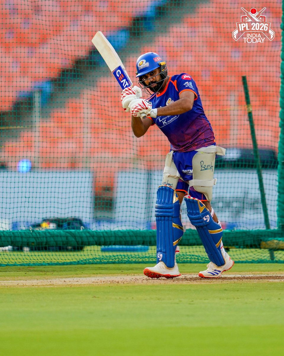 IndiaToday's tweet photo. #InPics | @ImRo45 during training session in Ahmedabad ahead of IPL 2026 clash between Mumbai Indians and Gujarat Titans.
#RohitSharma #MumbaiIndians #IPL2026 #Ahmedabad #Cricket #PracticeSession https://t.co/0ghPEfrCkX