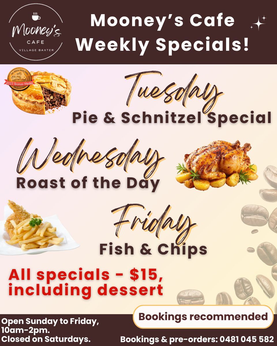VillageBaxter's tweet photo. Weekly specials available at Mooney's Cafe!
Tuesdays: Pie &amp; Schnitzel Special
Wednesdays: Roast of the Day
Fridays: Fish &amp; Chips
$15, including dessert.
Mooney's Cafe is open Sunday to Friday, 10am-2pm. Closed on Sundays. For bookings and pre-orders, please call 0481 045 582. https://t.co/6dbqLhWVHD