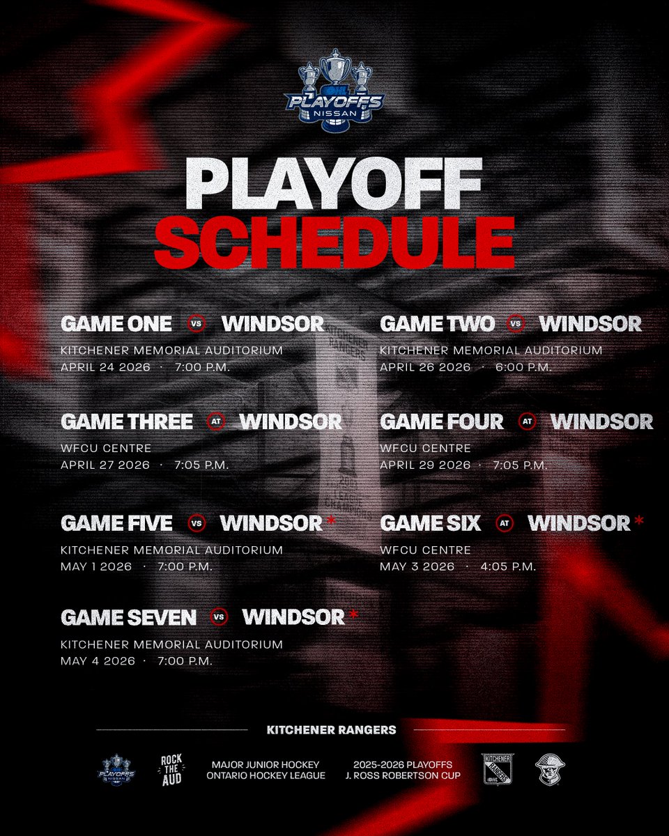 OHLRangers's tweet photo. CLEAR YOUR CALENDARS 🗓️

The Western Conference Final schedule has been released and it all starts at The Aud Friday! 

* if necessary 

#RockTheAud | #OHLPlayoffs https://t.co/7BGqlUUWNa