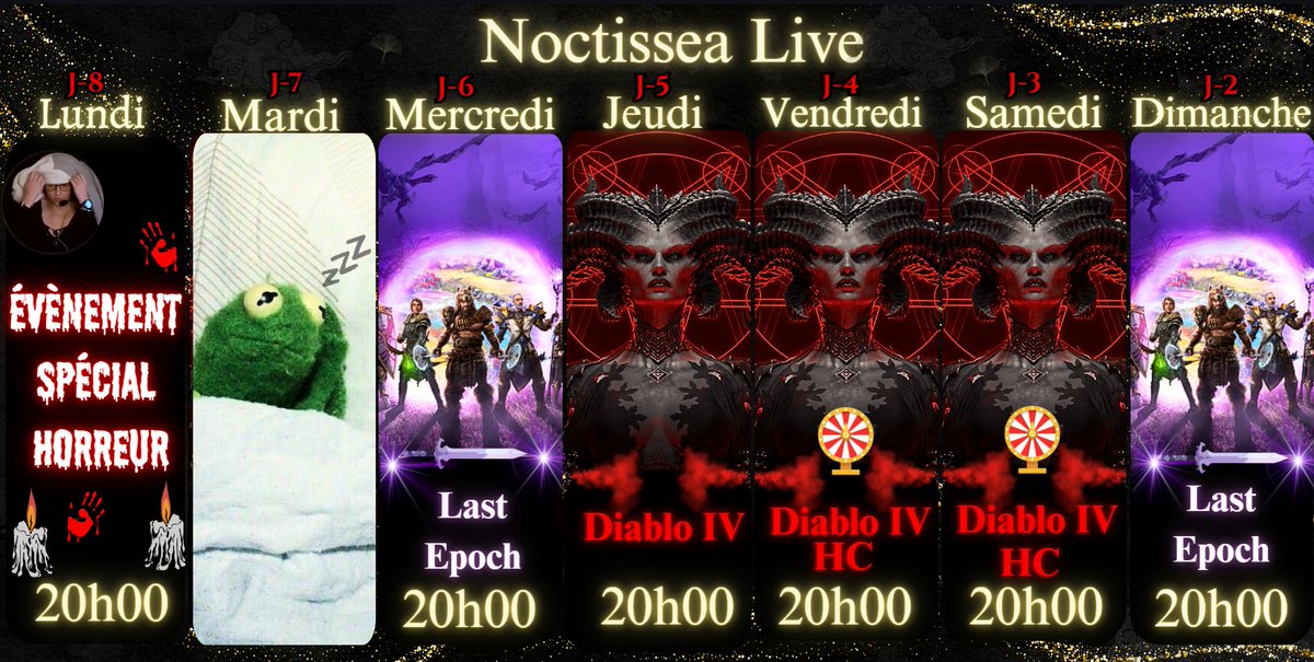 N0ctissea's tweet image. Bonjour à tous ! Voici le planning du 20 avril au 26 avril😱🔥⚔️
twitch.tv/noctissea

#girlgamer #diabloIV #diablo #twitch #chill #lastepoch #horreur #peur #arpg