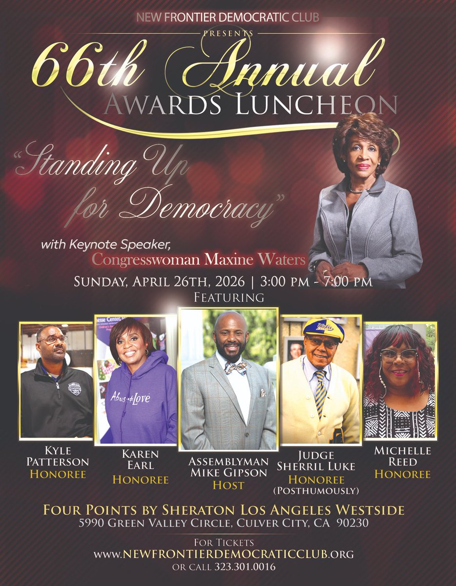 NewFrontierDC's tweet photo. Haven't purchased your tickets, there's still time. Join us next Sun. April 26th at the Four Points by Sheraton L.A. Westside, for our Annual Luncheon Assemblyman Mike Gipson is the MC &amp; the Keynote Speaker is our own, Congresswoman Maxine Waters. --> https://t.co/AyqfBcdNCX https://t.co/NqBsgvaEzd